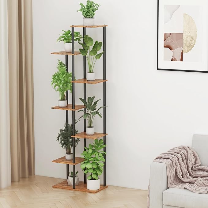 Plant Stand Indoor 7 Tier 8 Potted Metal Wood Plant Shelf, Rustic Brown - Image 6