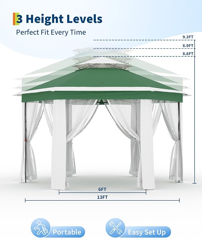 13'x13' Pop-Up Gazebo, Outdoor Hexagonal Patio Gazebo - Image 4