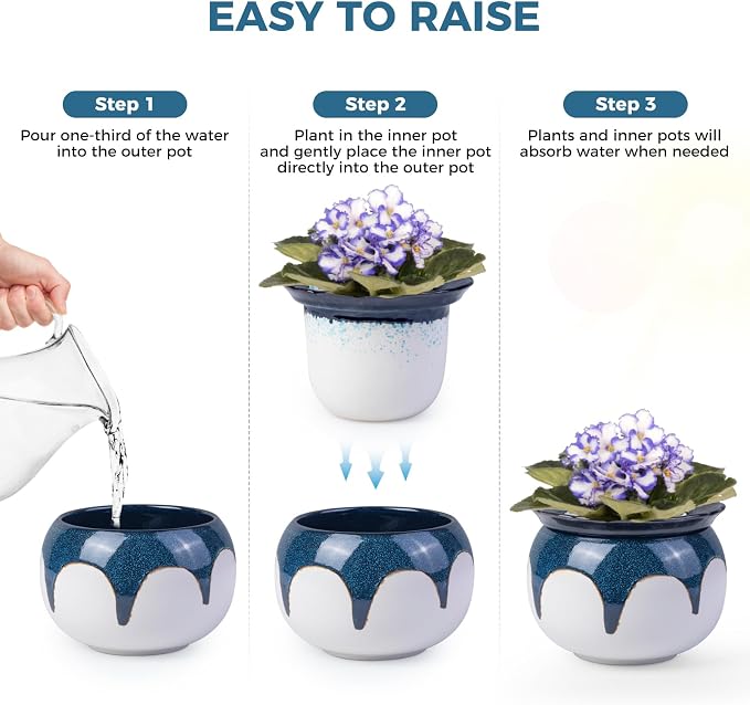 African Violet Pots, 6 inch Ceramic Easy Self Watering Plant Pot - Image 5