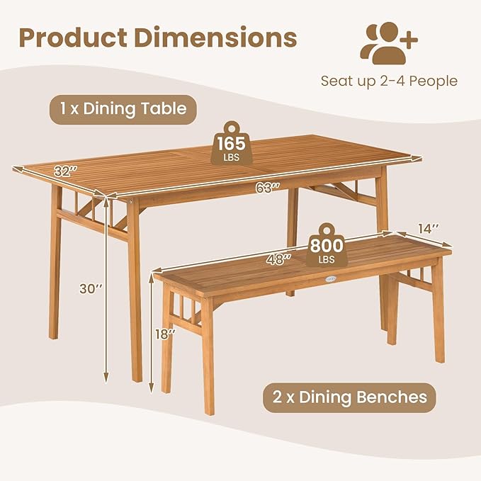 Tangkula 3 Pieces Patio Dining Set, Acacia Wood Space Saving Outdoor - Image 9