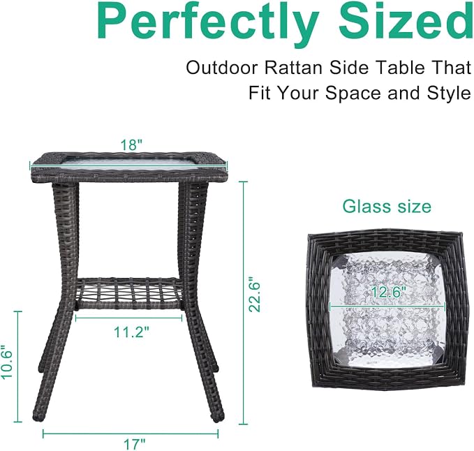VINGLI Outdoor Side Table with Storage Wicker Patio Side Table, Tempered Glass - Image 3