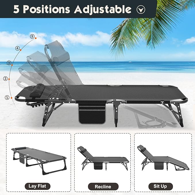 MOPHOTO Folding Chaise Lounge Chair 5-Position, Folding Cot, Heavy Duty Patio - Image 9