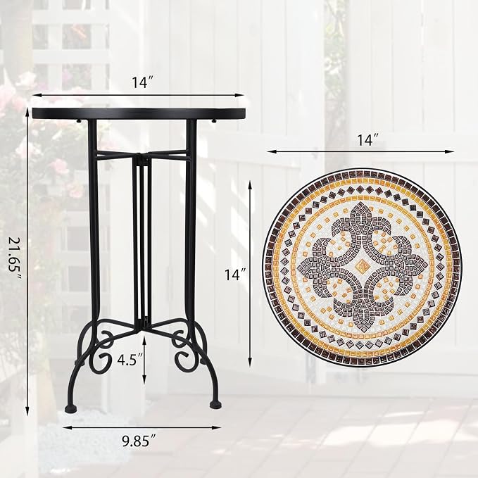 VCUTEKA Mosaic Outdoor Side Table, Round Rustproof Patio Tables - Image 3