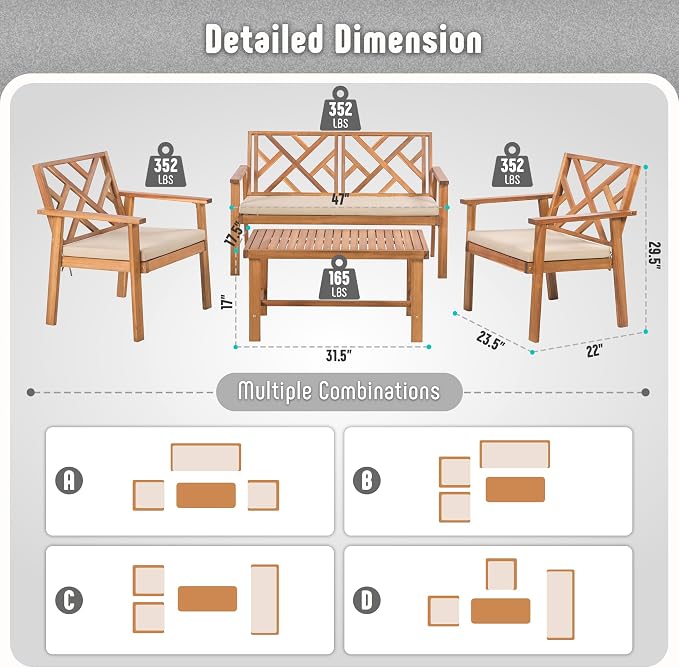 Outdoor Patio Furniture Set, 4 Piece Patio Sofa Bench and 2 Single Sofa Chairs - Image 6
