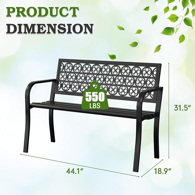 44" Outdoor Garden Bench, Iron Metal Frame Patio Bench - Image 2