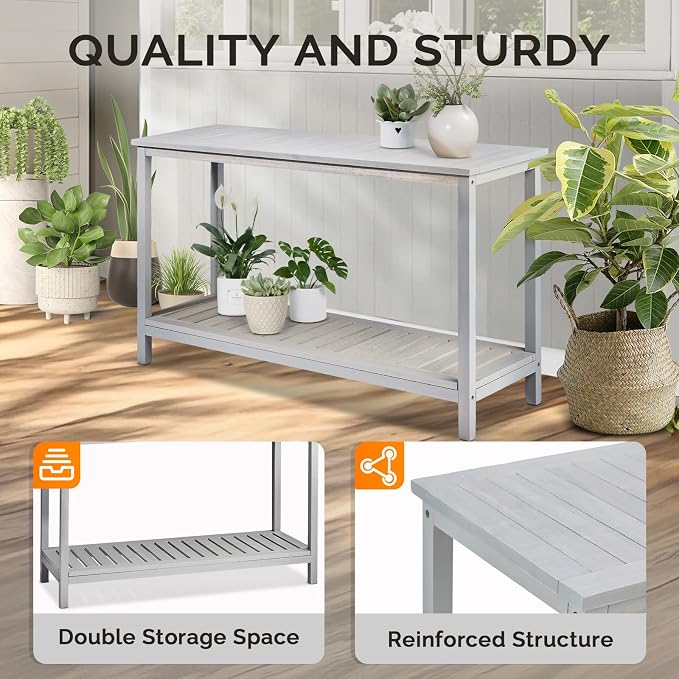 VINGLI 49in Solid Wood Outdoor Console Table, 2-Shelf Wooden Outdoor Accent - Image 6