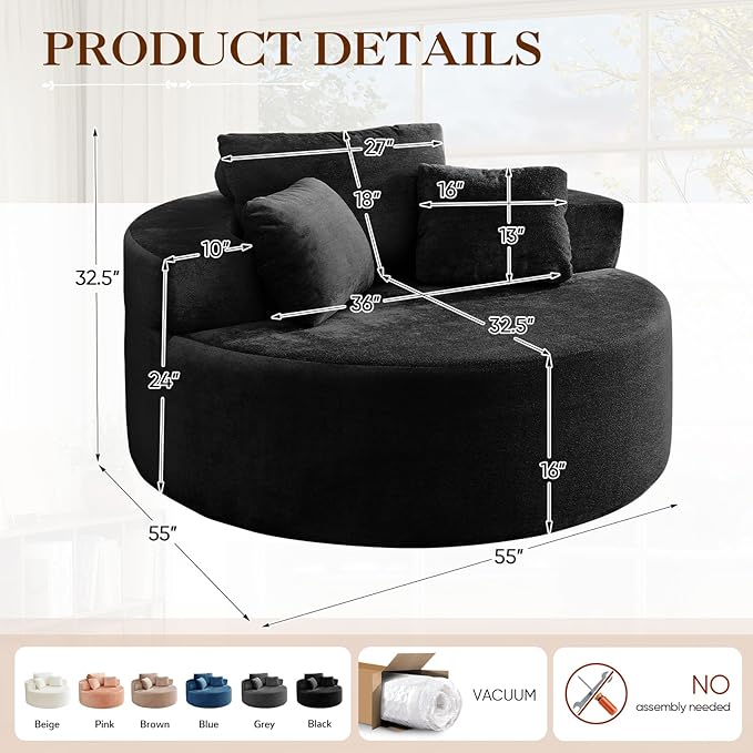 Antetek Oversized Round Chaise Longue Chair Indoor, Modern 55-inch Upholstered - Image 2