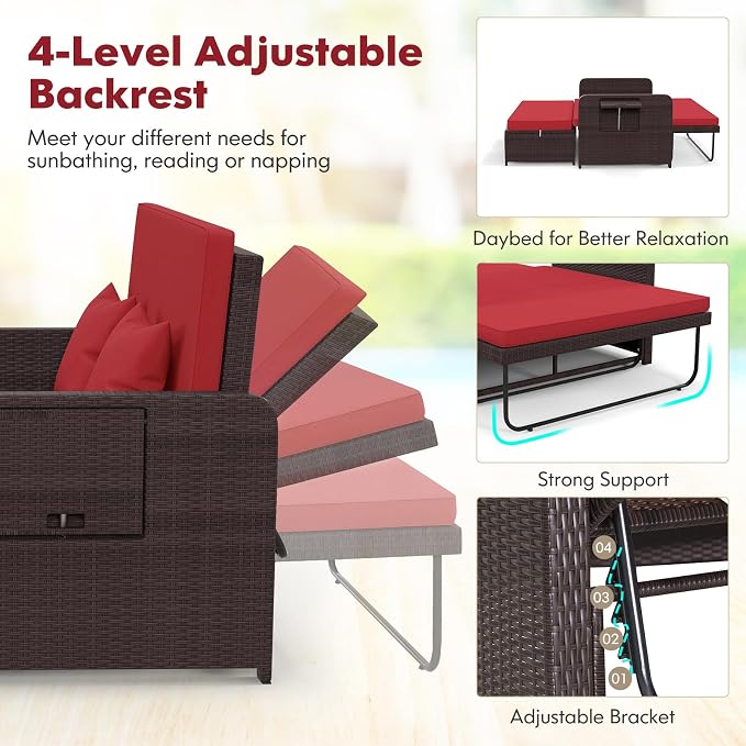 LDAILY Moccha Outdoor Daybed, Wicker Loveseat Sofa Set - Image 4