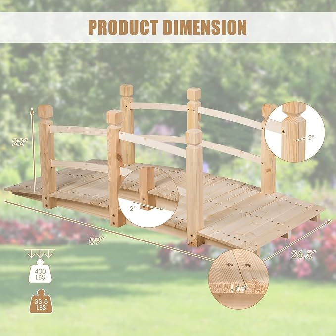 Giantex 5 FT Wooden Garden Bridge, Classic Wood Arc Footbridge - Image 5