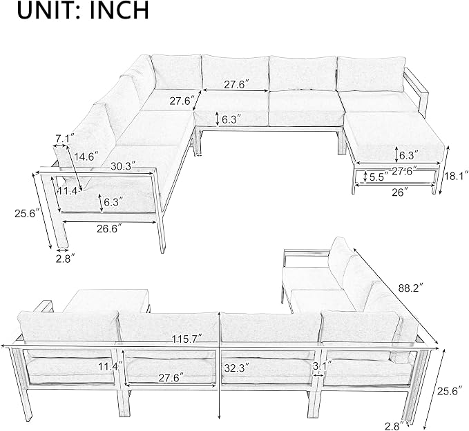 Multi-Person Outdoor Sofa Set, U-Shaped Aluminum Outdoor Sofa Set - Image 3