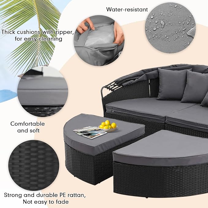 Outdoor Patio Furniture Canopy Daybed Round Sofas, 4 Pieces Seating Separates - Image 3
