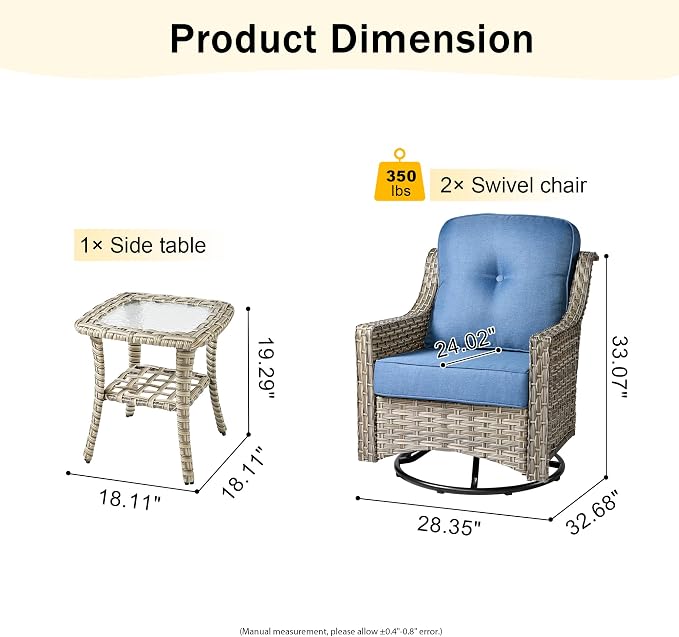 HOOOWOOO 3 Piece Patio Furniture Bistro Sets, Outdoor Wicker Swivel Rocking - Image 2
