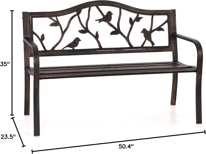 PHI VILLA Outdoor Garden Park Bench Patio 50" Metal Bench, Steel Frame Bench - Image 2