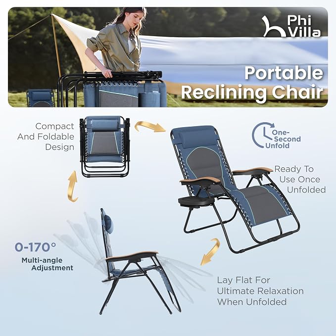 PHI VILLA XXL Oversized Padded Zero Gravity Chair, Foldable Patio Recliner - Image 5