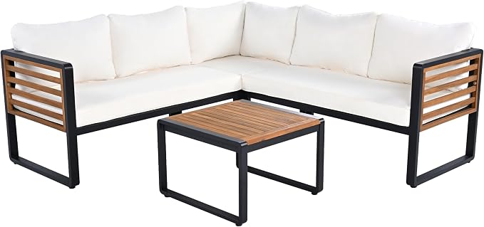4 Pieces Outdoor Patio Conservation Set, Metal and Wood Frame Sectional - Image 2