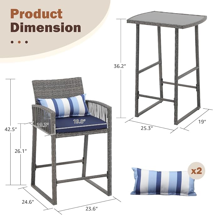 SUNSITT 3-Piece Outdoor Wicker Bar Height Table Set, 2 Bar Stools and 1 Pub - Image 7