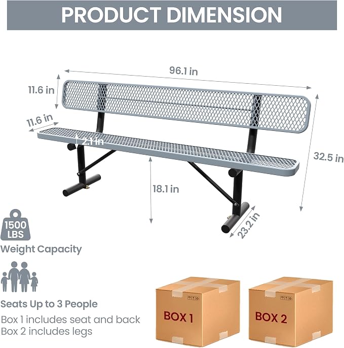 8 Feet Steel Park Bench for Outside, Outdoor Bench - Image 2