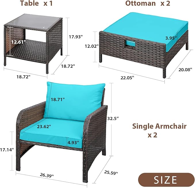 LEVELEVE Balcony Furniture 5 Piece Patio Conversation Set, PE Wicker Rattan - Image 2