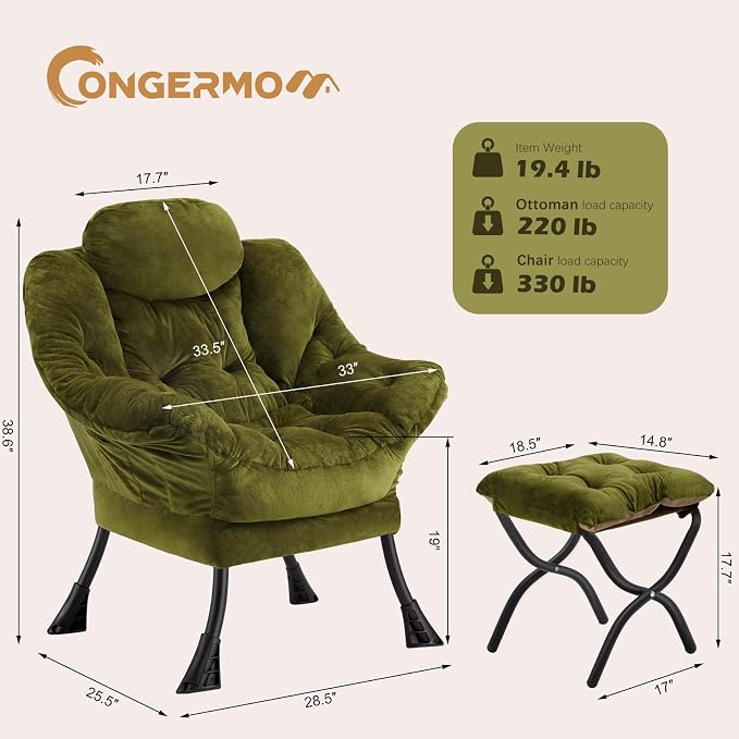 Lazy Chair with Folding Ottoman, Leisure Sofa Chair, Soft Fabric Armchair with - Image 3