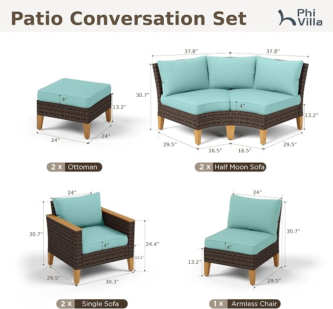 PHI VILLA 7-Piece Wicker Patio Furniture Set, Outdoor Half-Moon Curved - Image 2