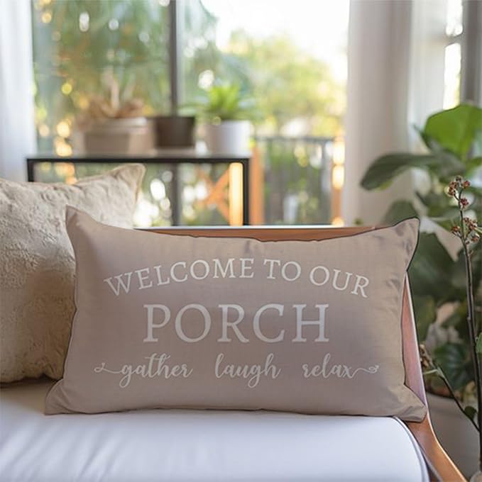 PANDICORN Welcome to Our Porch Stay Awhile Beige Outdoor Farmhouse Lumbar - Image 2