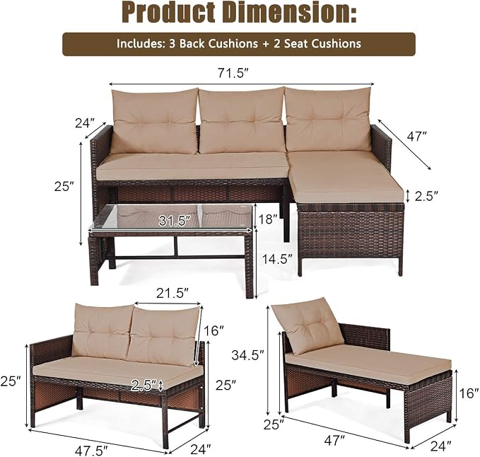 Tangkula Patio Corner Sofa Set 3 Piece, Outdoor Rattan Sofa Set, Includes - Image 5