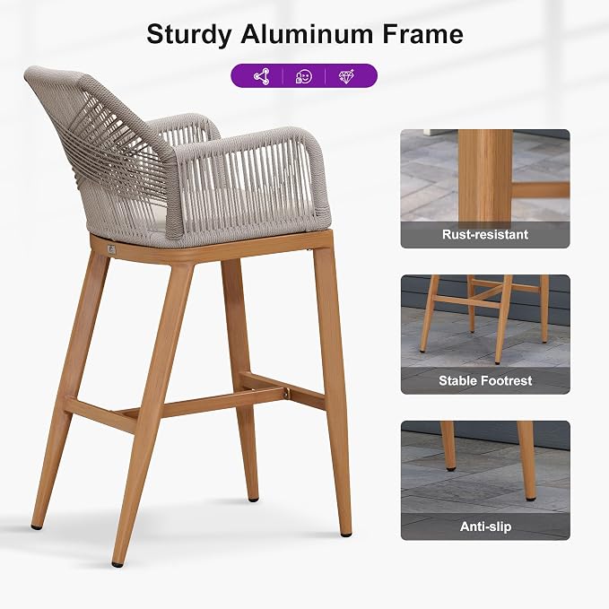 PURPLE LEAF Patio Bar Height Stool 28" H Boho 1 Piece Rattan Aluminum Tall Bar - Image 8