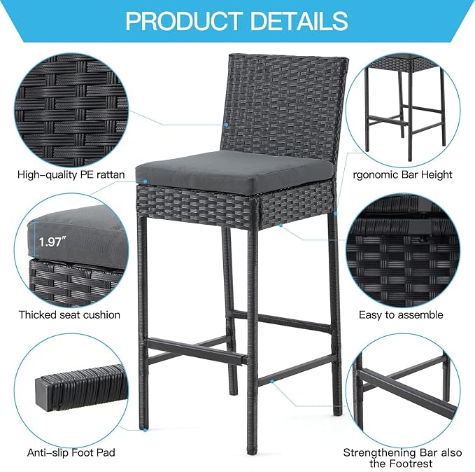 ECOTOUGE Outdoor Bar Stools, Wicker Woven Patio Stools & Patio Bar Chairs - Image 5