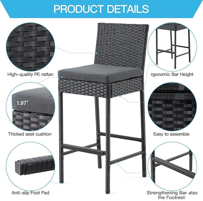 ECOTOUGE Rattan Bar Stools Set of 2, Outdoor Wicker Barstools Counter Height - Image 4