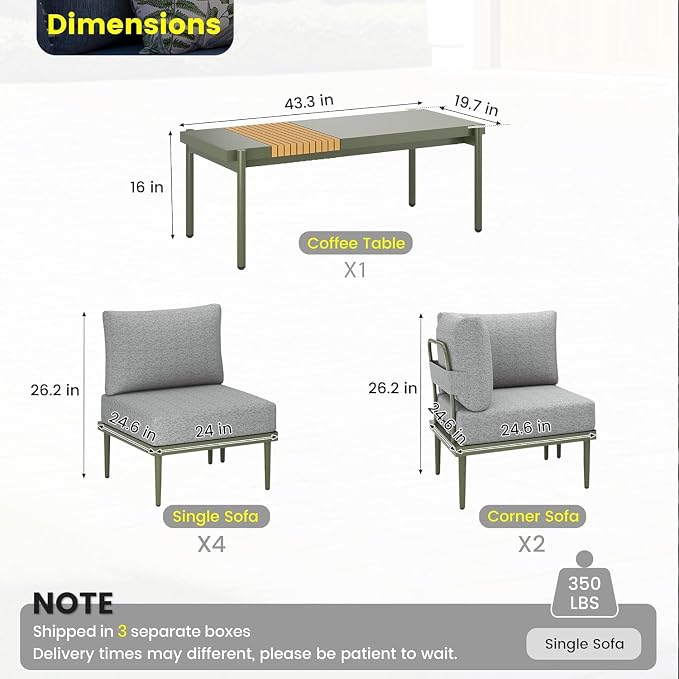 Sundale Outdoor 7 Pieces Metal Patio Furniture Set, Outdoor Sectional Sofa - Image 2