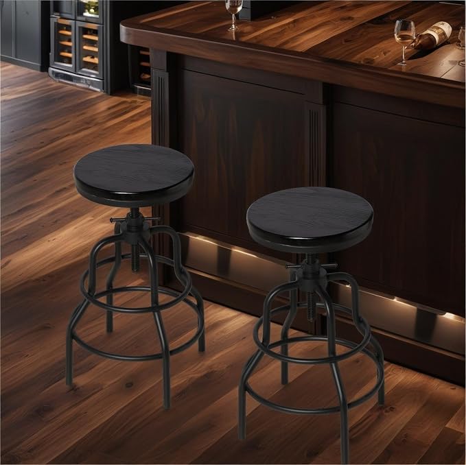LOKKHAN Vintage Industrial Bar Stool-Rustic Swivel Bar Stool-Round Walnut Wood - Image 2