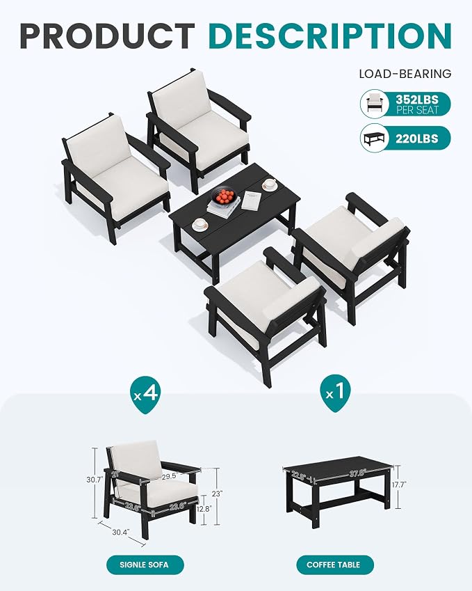 SERWALL Outdoor Patio Furniture Set, 5 Piece HDPE Patio Conversation Sets - Image 2