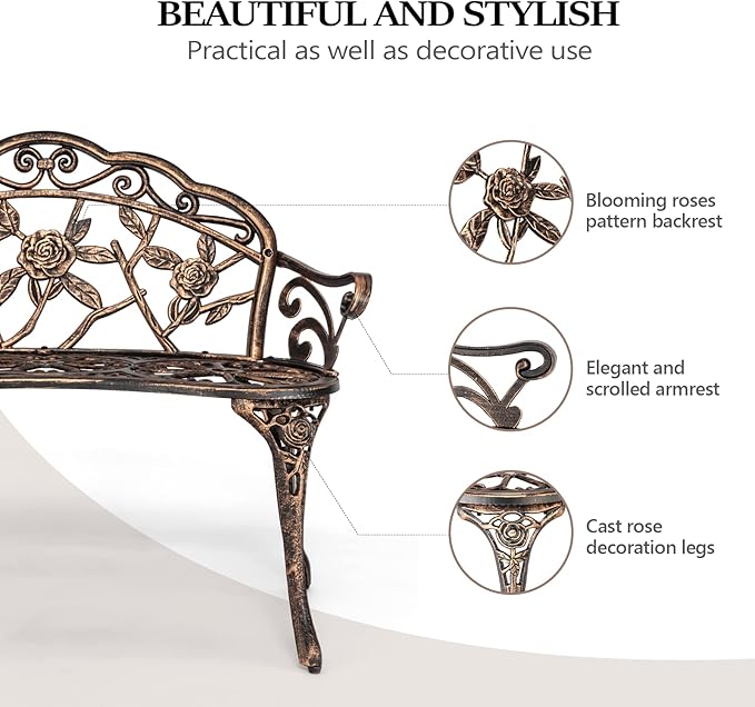 VINGLI 38.5" Patio Park Garden Outdoor Metal Rose Bench, 2-Person Cast Iron - Image 4