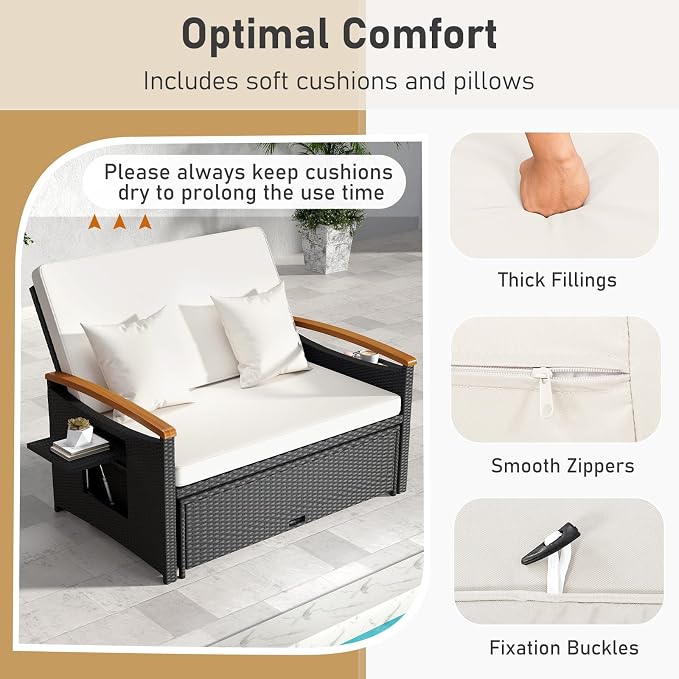 Moccha Outdoor Wicker Daybed, Patio Rattan Loveseat Sofa w/ 4-Level Adjustable - Image 3