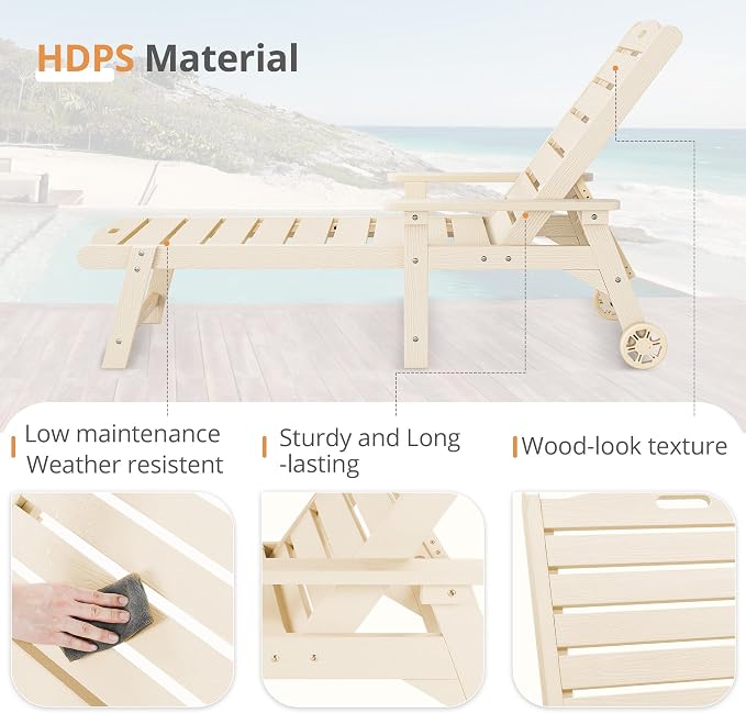 LUE BONA Outdoor Chaise Lounge, HDPS Chaise Lounger, 5 Positions Adjustable - Image 7