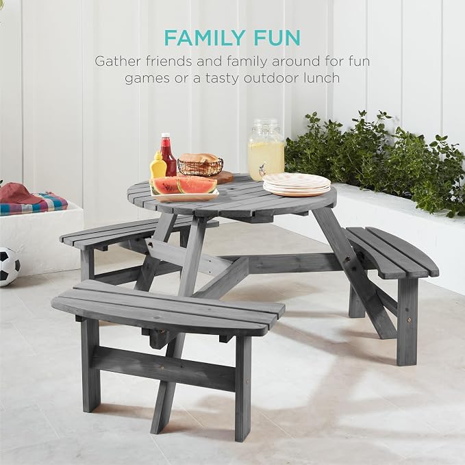 Best Choice Products 6-Person Circular Outdoor Wooden Picnic Table - Image 7