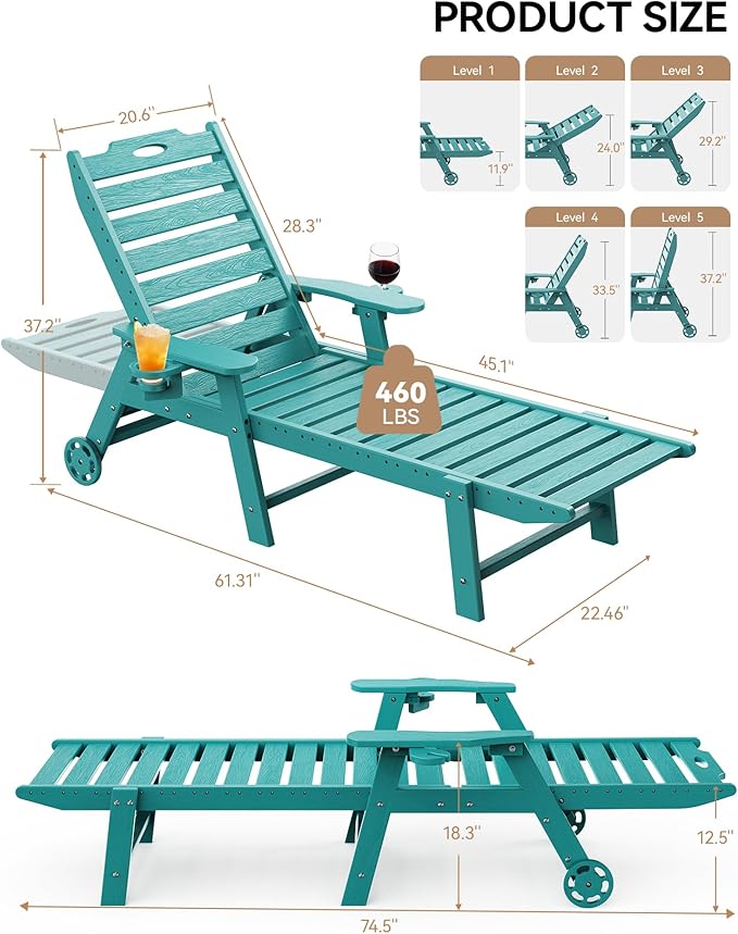 Carauci Lounge Chair Outdoor Set of 2, HDPE Chaise Lounge - Image 3