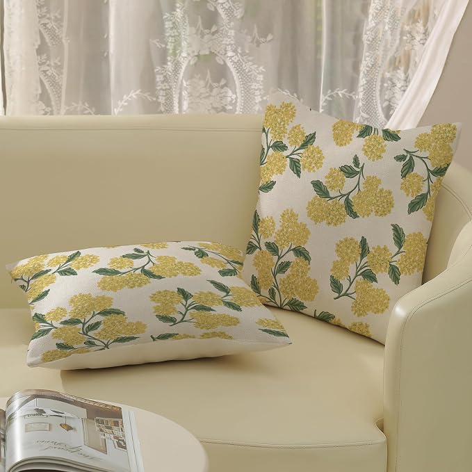 Mustard Yellow Summer Outdoor Pillow Covers 18x18 Inch 2 Pcs Green Hydrangea - Image 4
