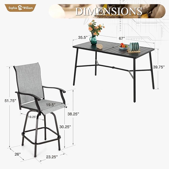Sophia & William Outdoor Bar Set, Patio Bar Table and Chairs Set, Bar Height - Image 6