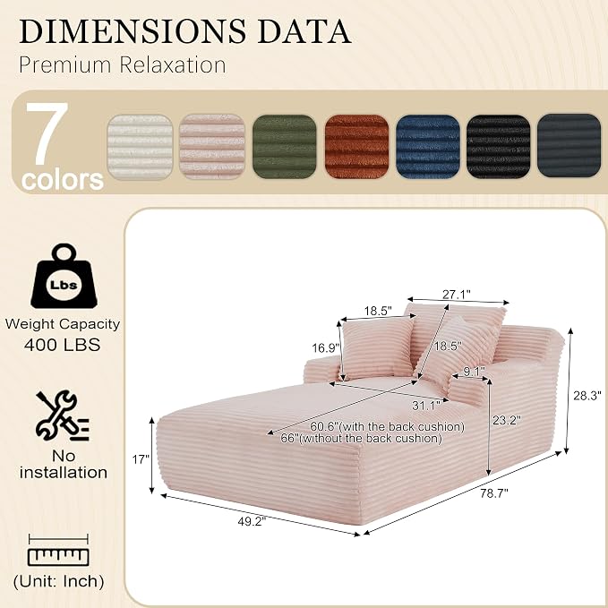 Chaise Lounge Chair Indoor, 50 Inch Oversized Corduroy Upholstered Boneless - Image 2
