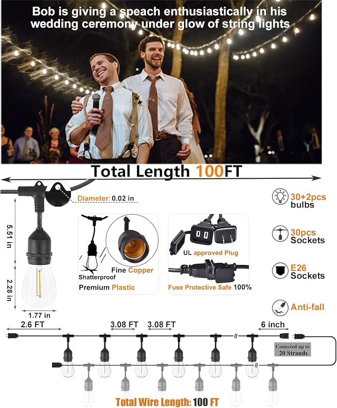 Outdoor String Lights LED 100FT Heavy-Duty Patio Lights String - Image 2