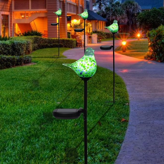 Bshine Solar Garden Decoration Outdoor Green Bird Lights, 2 Pack Hand Blown - Image 7
