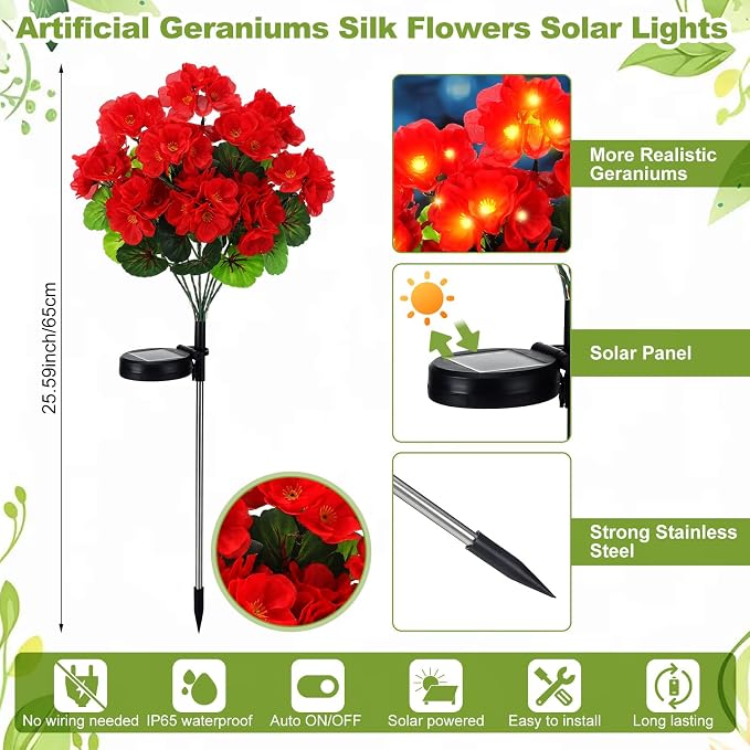 2 Pcs Solar Geraniums Lights Outdoor Waterproof - Image 2