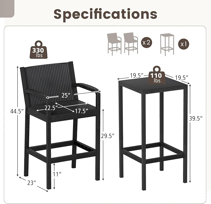 COSTWAY 3 Pieces Patio Bar Set, Modern Outdoor Bistro Set - Image 4