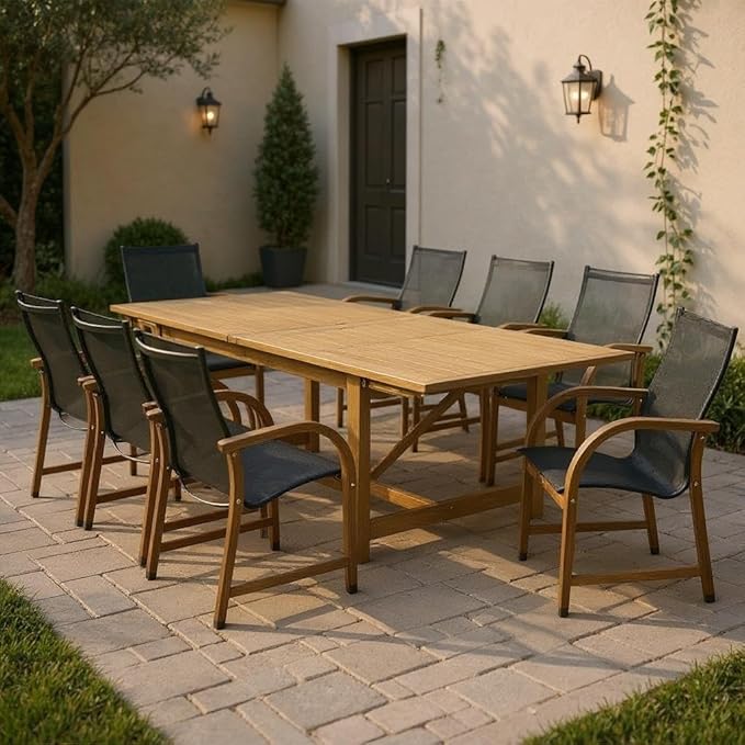 Amazonia Franklin 9-Piece Rectangular Extendable Patio Dining Set Teak Finish by Affordableluxury