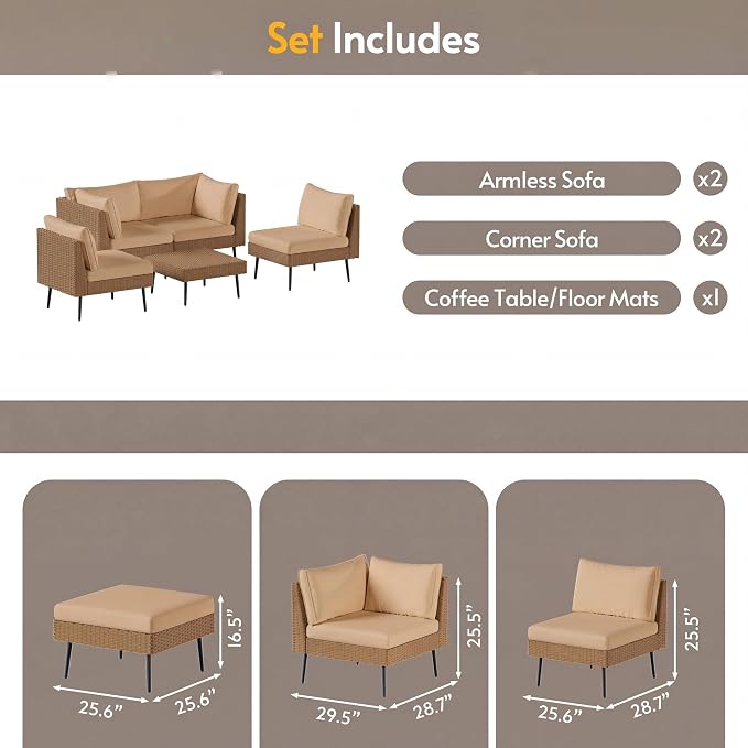 ENSTVER 5-Piece Dual-Strand Wicker Outdoor Sectional, Premium Outdoor Sofa - Image 3