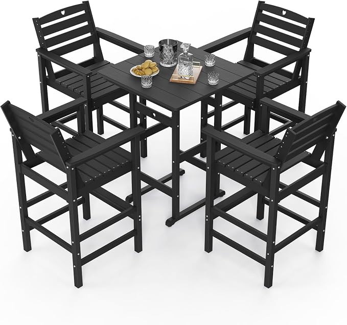 5-Piece Bar Height Outdoor Table and Chairs Set, HDPE Wood Grain Patio Bar - Image 8