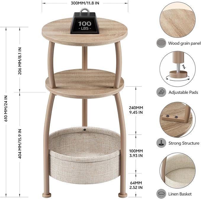 Small Side Table with Storage Basket, Space Saving Round End Table 3-Tier - Image 3