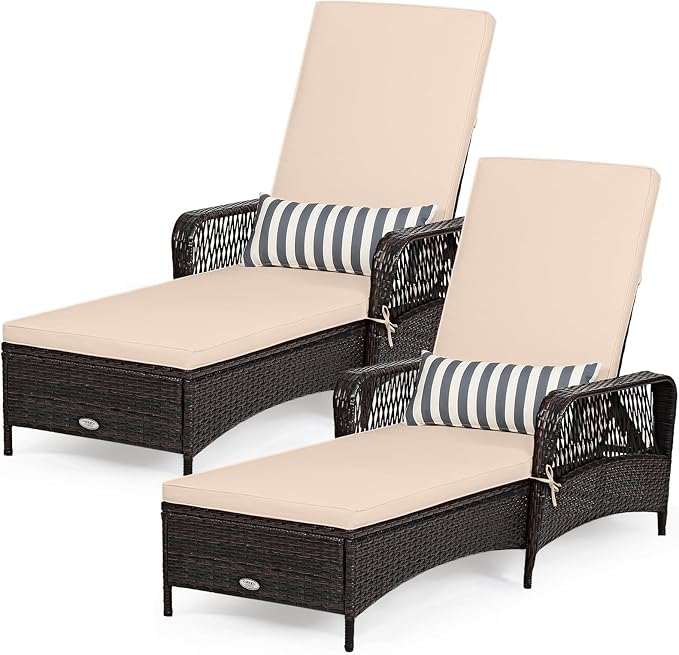Tangkula Wicker Chaise Lounge Outdoor Set of 2, Patio Rattan Reclining Chaise by TANGKULA