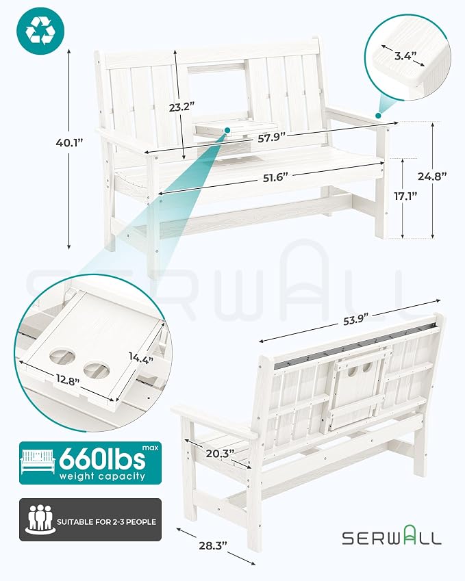 SERWALL Outdoor Bench with Cup Holder, All Weather Patio Benches with High - Image 2